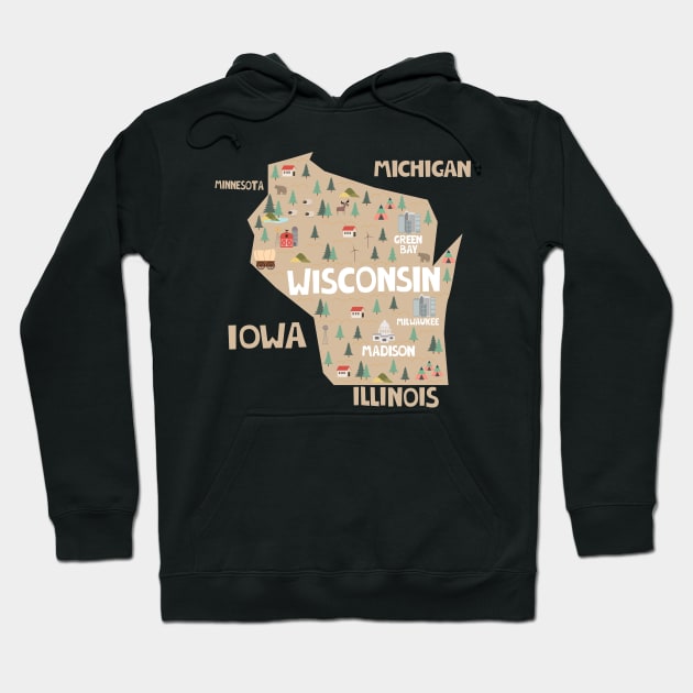 Wisconsin State USA Illustrated Map Hoodie by JunkyDotCom